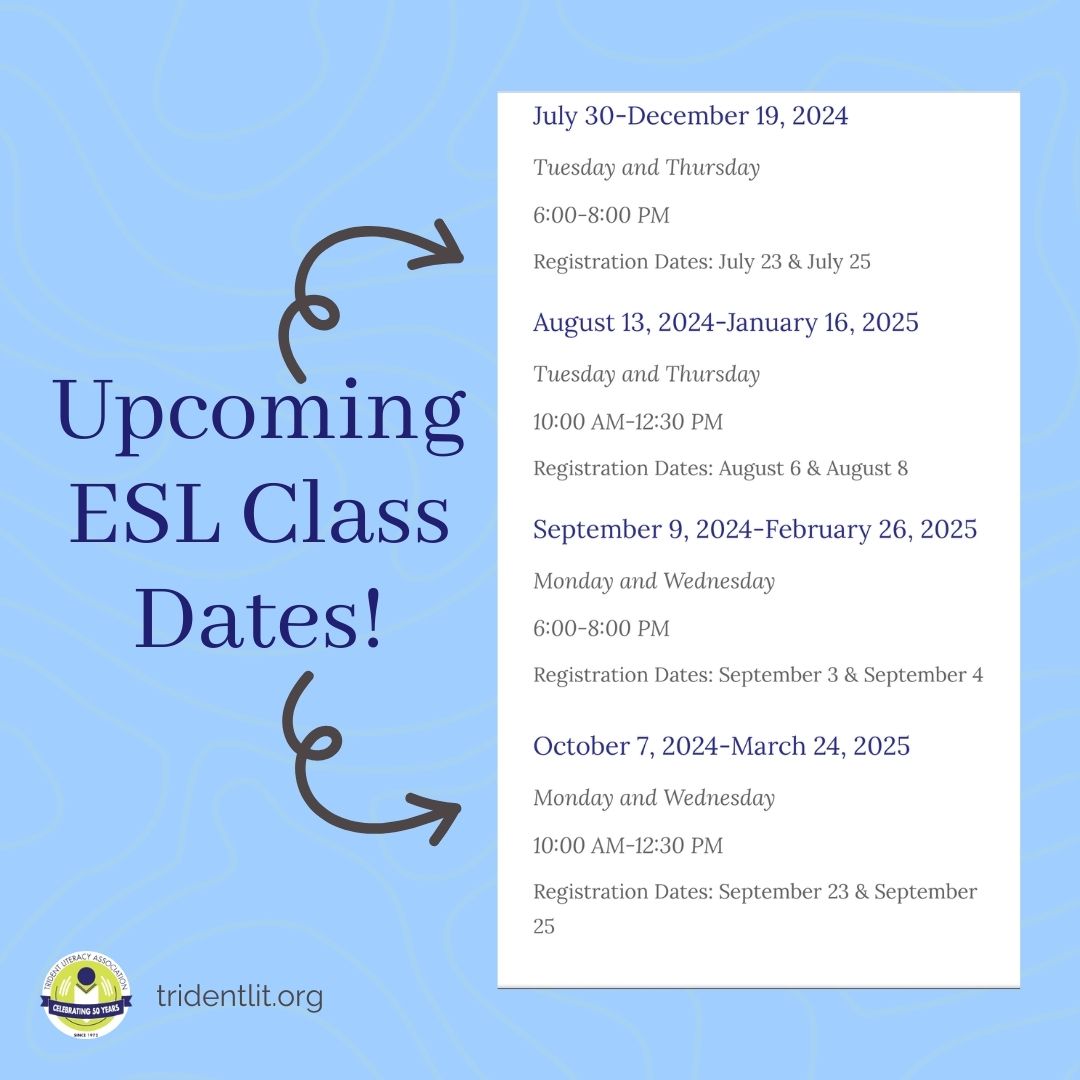 Wondering when you can get into our ESL Program? 🤔 Here are all the dates for our 2024 classes that still have spots available!

#tridentliteracy #englishasasecondlanguage #classes
