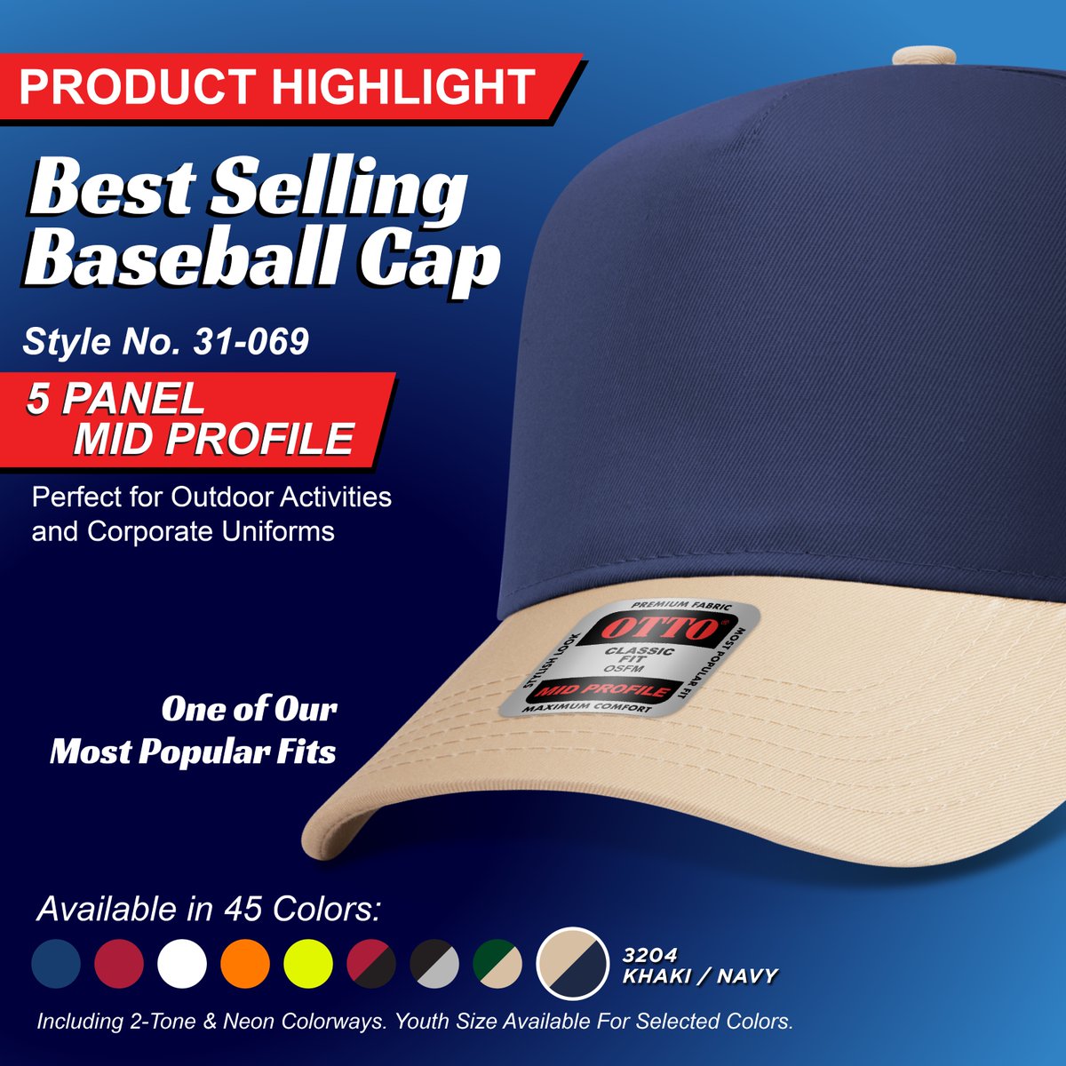 🔥 Get your hands on the best-selling baseball cap! Style No. 31-069 boasts a classic 5-panel low profile design, offering one of our most popular fits. 45 colors to choose from, you'll find the perfect hue! Select colors are available in youth sizes! #OTTOCAP #BaseballCap 🧢✨