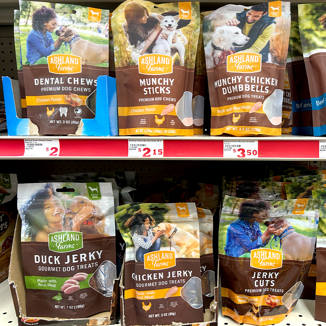 Find 😋 yummy Ashland Farms treats & food for your good 🐶 pups & 🐱 kitties at budget-friendly prices!