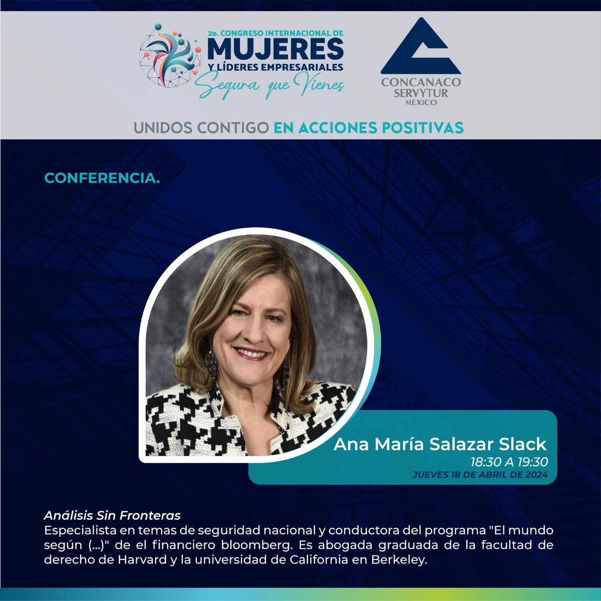 CONCANACO's tweet photo. No te pierdas la conferencia de Ana María Salazar Slack, destacada asesora política en la Casa Blanca, en el Segundo Congreso Internacional de Mujeres y Líderes Empresariales. El 18 de abril en Ciudad Juárez. ¡Regístrate en https://t.co/ANTqBr06nT https://t.co/NxdmFR1vaX