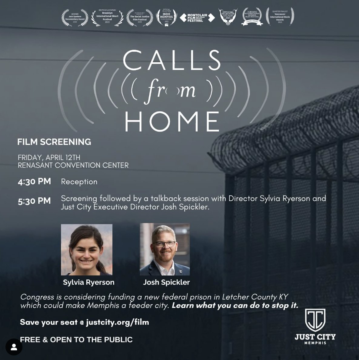 We are thrilled to have CALLS FROM HOME director Sylvia Ryerson in Memphis for the Just City event on Friday, April 12! Screening followed by a talkback session with Sylvia and Josh Spickler, Just City Executive Director. #ilovememphis #memphisevents #choose901