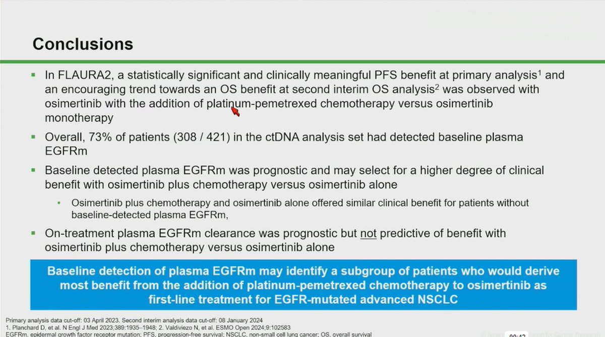 Baseline (before tx) ctDNA level in #EGFR metastatic #NSCLC in FLAURA2 trial (osimertinib vs. osi + chemo) suggests - combo more beneficial when ctDNA detected. Potential strategy for tx adaptation? What about non-shedding tumors? #PasiJanne @DanaFarber #AACR24 @EGFRResisters