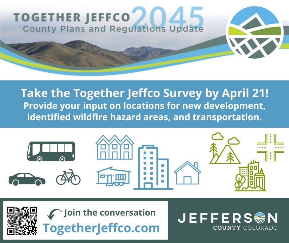 Jefferson County wants your feedback on locations for new development, identified wildfire hazard areas, and transportation. You can view the updates on the Together Jeffco Plan and Regulation project and provide input through April 21. 🔗togetherjeffco.com