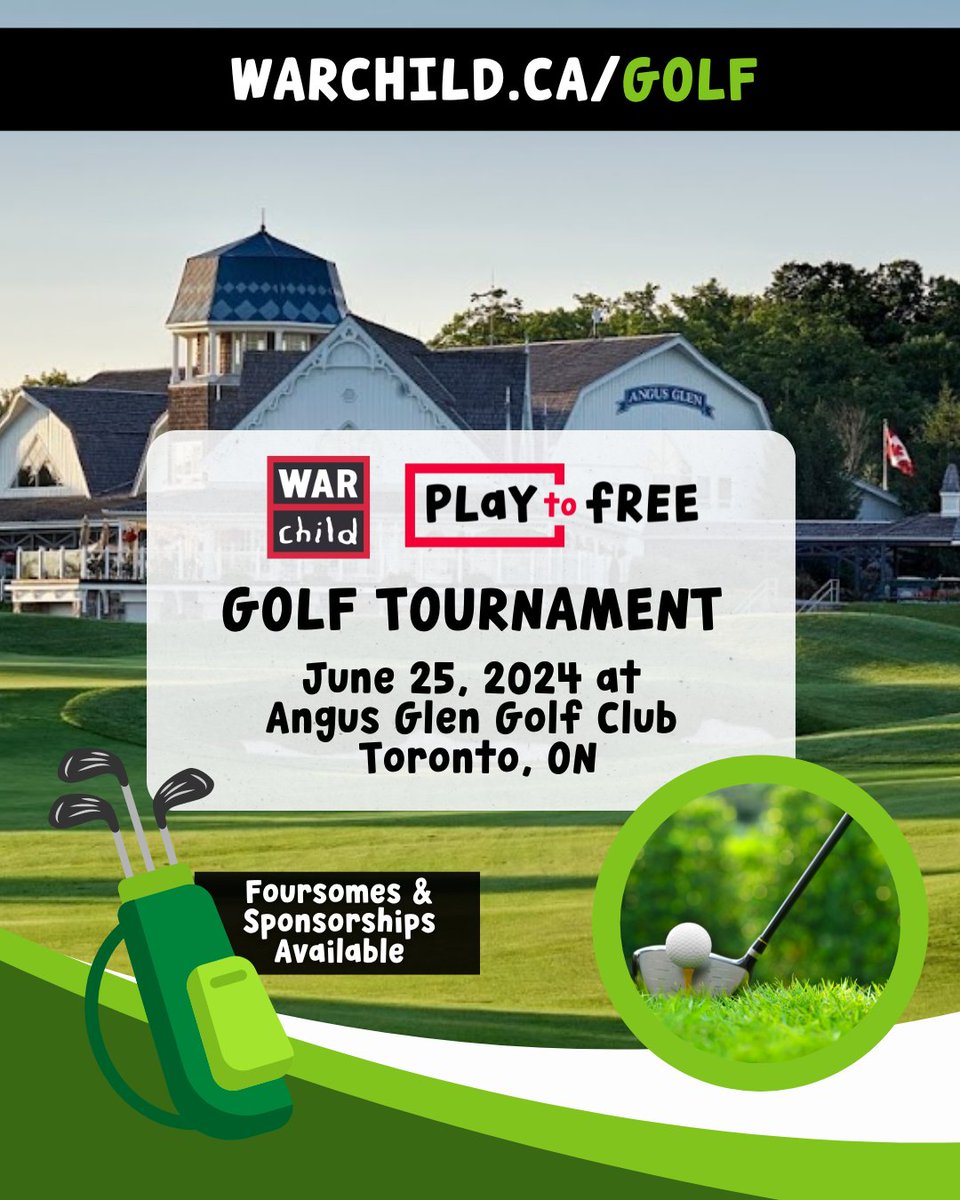 🌟 Join us for War Child's inaugural Play to Free Golf Tournament!🏌️‍♂️ 📅 June 25, 2024 at Toronto's @AngusGlenGC ✨ Play to free children from the trauma of war. 👉 Visit warchild.ca/golf for details & to participate. Let’s drive change together! #CharityGolf #MakeAnImpact