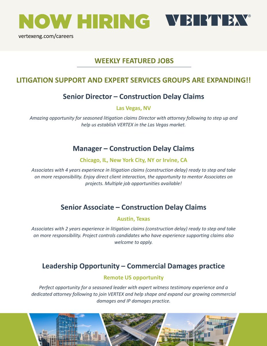 VERTEX411's tweet image. Exciting Career Opportunities at VERTEX! Join our expanding Litigation Support and Expert Services Groups! Unlock your potential with VERTEX today.
bit.ly/3J9ylZs

#LitigationSupport #ConstructionClaims #CommercialDamages #CareerOpportunities #JoinOurTeam #VertexEng