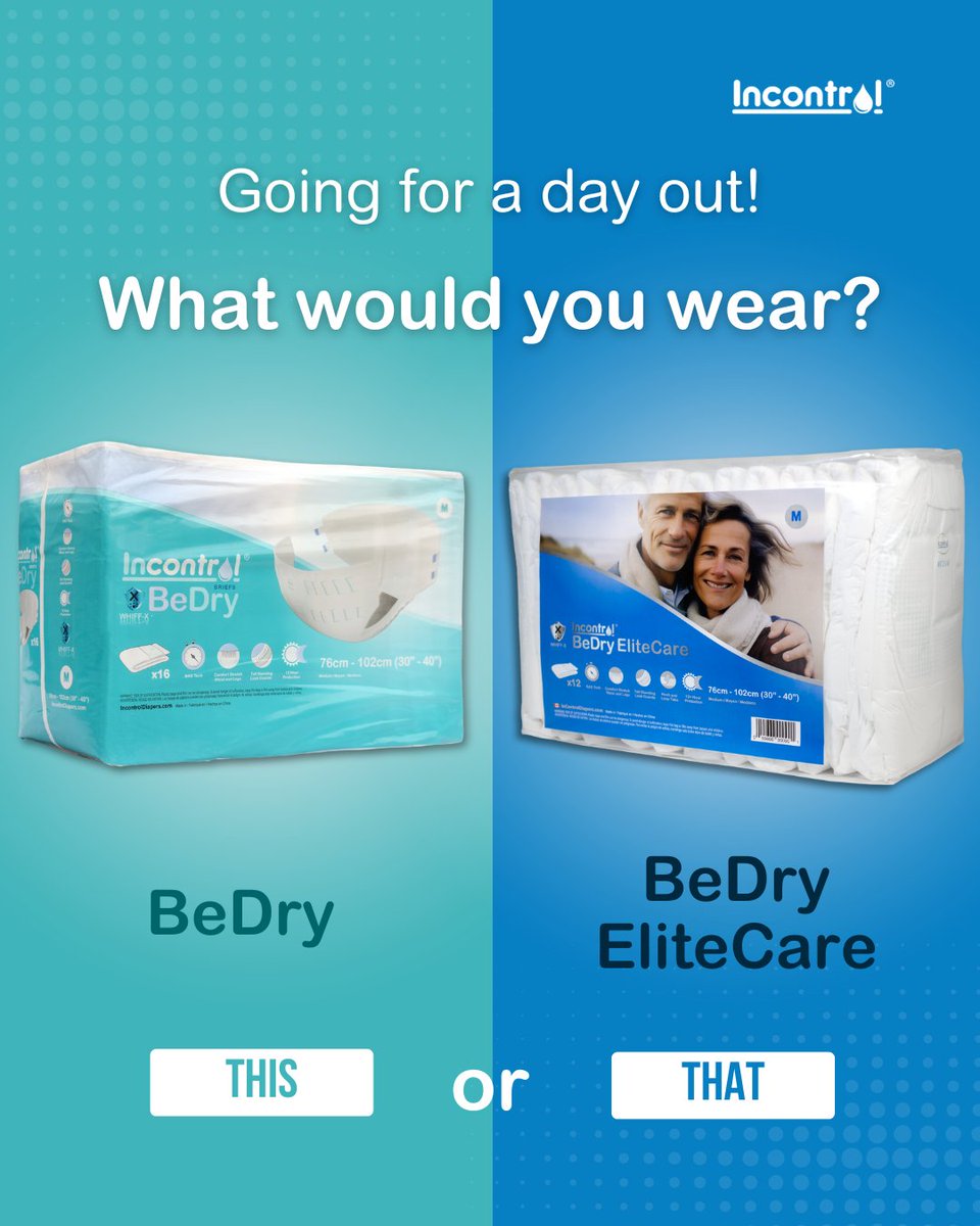 Comment and let us know! 💚💙

BeDry - incontroldiapers.com/incontrol-bedr…

BeDry EliteCare - incontroldiapers.com/bedry-elitecar…

#incontinence #urinaryincontinence #incontinenceawareness #incontinenceproducts #adultdiapers #diapered #bedrystaydry #incontinent #bedwetter #happilyincontrol #thisorthat