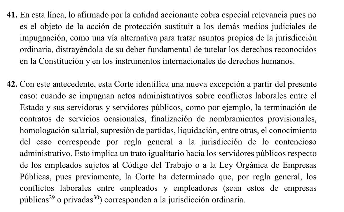 En la sentencia No. 2006-18-EP/24, la Corte Constitucional emite una regla general importante en relación a la vía judicial para reclamar derechos laborales de servidores públicos ante: terminación de contratos, nombramientos prov., homologación salarial, supresión de…1/2
