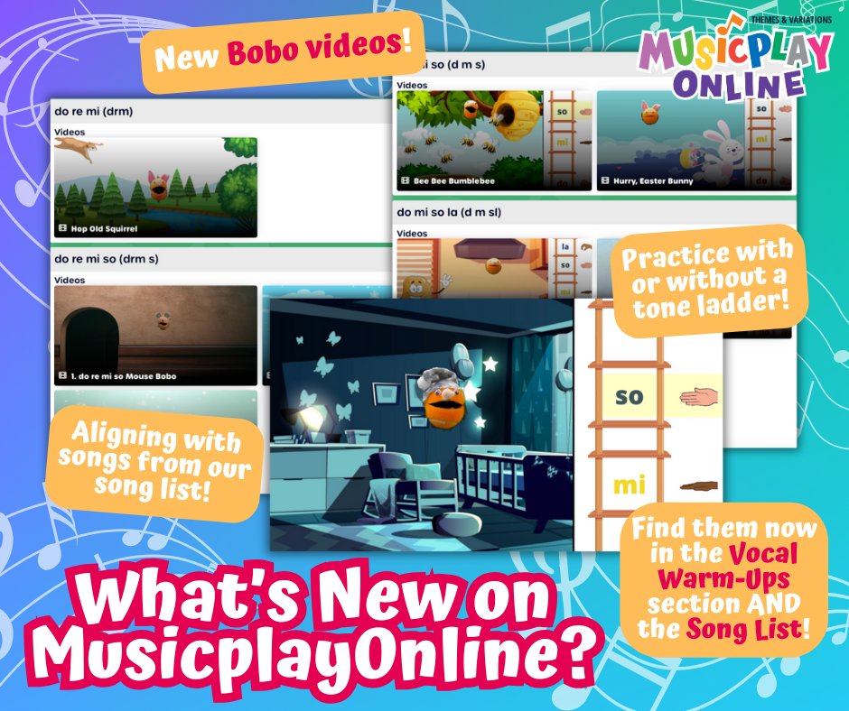 Along with our solfa and lyric highlight videos, we have some brand new Bobo videos! You can find them in the Song List AND in the vocal warm ups section, with more to come! #musicplay #musicplayonline #musiced #musiceducation