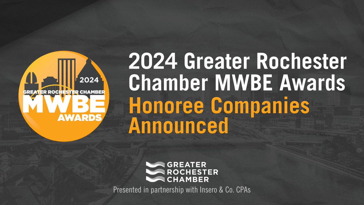 We are proud to announce the 2024 MWBE Award honorees! We're excited to share this inaugural list of the top 50 fastest-growing, privately-owned small MWBEs in #GreaterROC. Join us on 5/2 to see the rankings revealed! See the full list & register today: greaterrochesterchamber.com/2024/04/09/202…