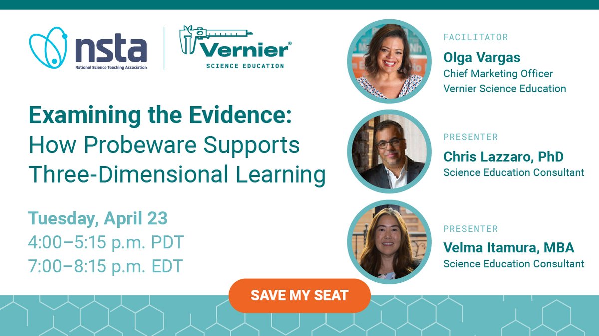 Join Vernier, @NSTA, and education leaders Chris Lazzaro and Velma Itamura on 4/23 for a free web seminar, Examining the Evidence: How Probeware Supports Three-Dimensional Learning. my.nsta.org/event/sponsore… #EdResearch #EdLeaders