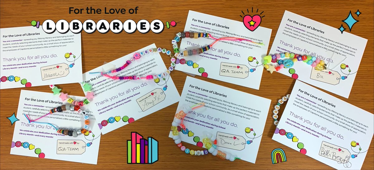 This #SchoolLibraryMonth we want to celebrate how YOU are a connector—spreading joy, lifelong literacy & belonging to each student. As a small show of appreciation, the employees of Capstone personalized a little something for you! Request a bracelet ➡️ bit.ly/3vJJOvG