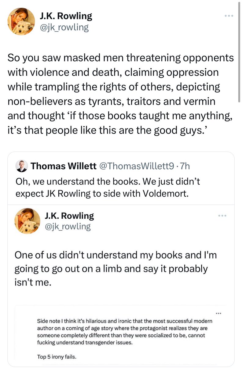 ThomasWillett9's tweet image. Wait, did JK Rowling seriously unblock me to quote tweet me then block me again? 😂
No, Joanne, I understood your books. Seeing the power of love triumph over evil gave little gay me so much hope. It’s just a shame you decided to become your own villain and target my community.