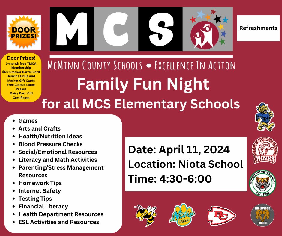 Join us for our Family Fun Night for ALL MCS elementary schools on April 11th, at Niota School from 4:30-6:00. There will be activities for all family members with refreshments, door prizes, and take away items.