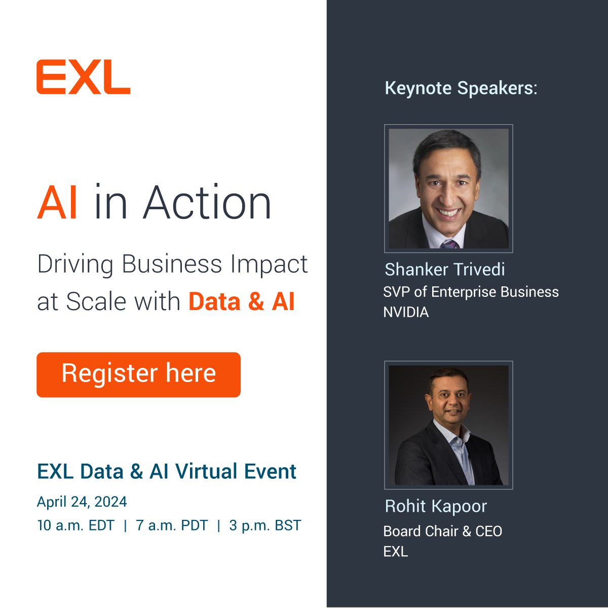 Join speakers @shankert, SVP of Enterprise Business at NVIDIA & @RohitKapoorEXL, Board Chair & CEO of EXL as they discuss disruptive AI during our AI in Action event on April 24th. Register now: bit.ly/4audJXy 📷Save this event to your calendar: bit.ly/43ShNif