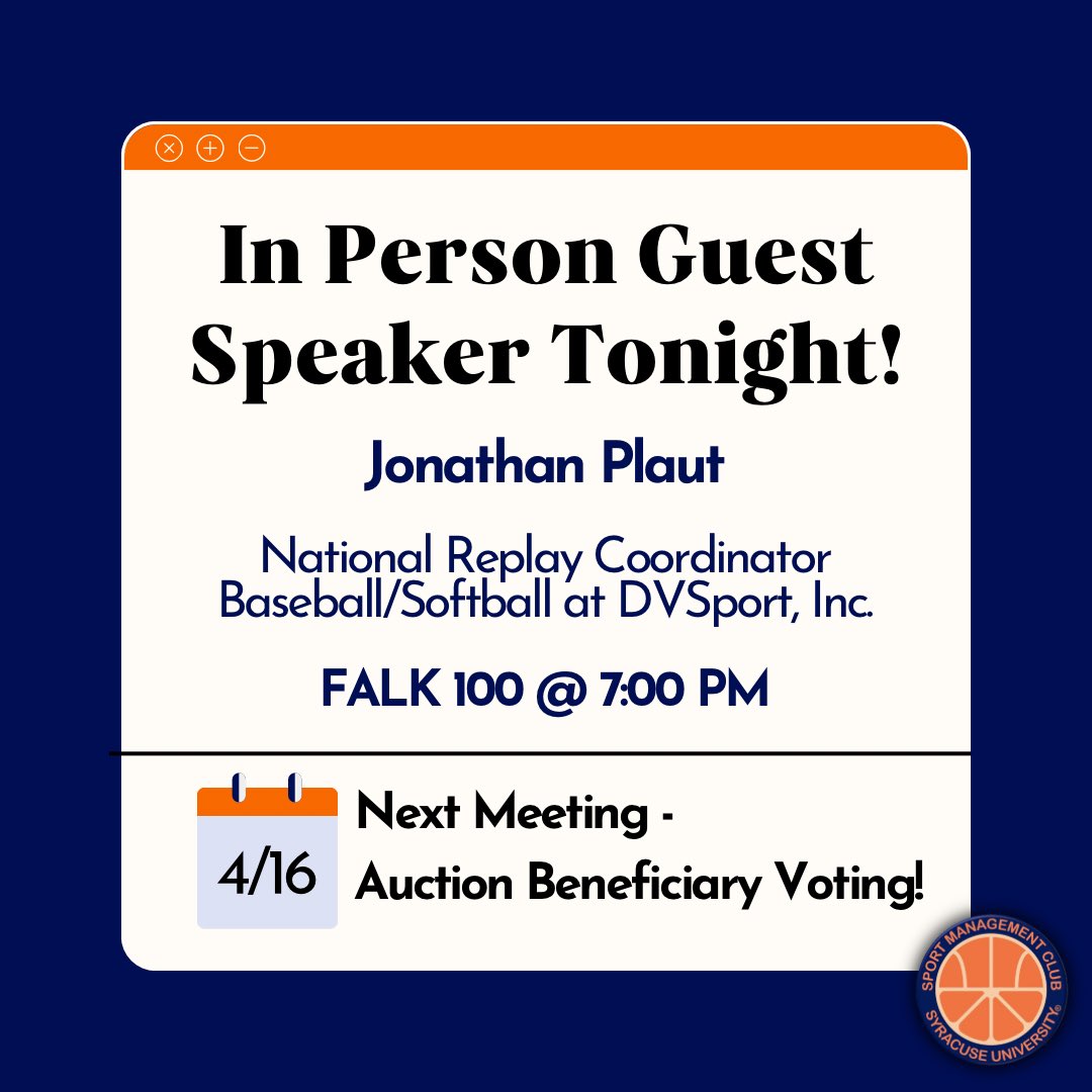 Meeting tonight! Jonathan Plaut from DVS Sport will be coming to speak to us about his career and what it’s like to be a replay coordinator. Also, next week we will be having our beneficiary voting for the 20th Annual Charity Sports Auction!