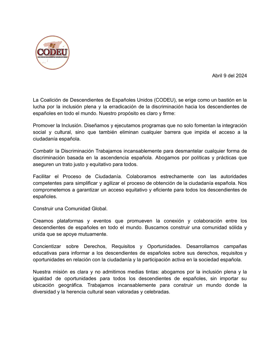 codeunidos's tweet photo. 🎯🌟 Objetivo, Misión y Filosofía de Coalición de Descendientes de Españoles Unidos (CODEU)  🌍💼🤝 @CGCEE_VIII @espaexterior @CeDEU2 @LaRegion_Int @InfoCivitano @CGEspana_en_MZA @ConsEspCDMX @ConsEspQuito @justiciagob @MAECgob @ConsEspMty @felixbolanosg @avtorresp https://t.co/9Aa1S5o384