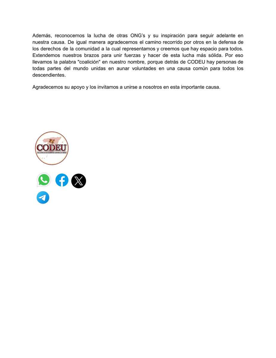 🎯🌟 Objetivo, Misión y Filosofía de Coalición de Descendientes de Españoles Unidos (CODEU)  🌍💼🤝 <a href="/CGCEE_VIII/">Consejo General Ciudadanía Española en el Exterior</a> <a href="/espaexterior/">España Exterior</a> <a href="/CeDEU2/">Ce.DEU</a> <a href="/LaRegion_Int/">La Región Internacional</a> <a href="/InfoCivitano/">InfoCivitano</a> <a href="/CGEspana_en_MZA/">Consulado General de España en Mendoza</a> <a href="/ConsEspCDMX/">Consulado General de España en la Ciudad de México</a> <a href="/ConsEspQuito/">Consulado España Quito</a> <a href="/justiciagob/">Ministerio de la Presidencia, Justicia y R. Cortes</a> <a href="/MAECgob/">Ministerio de Asuntos Exteriores, UE y Cooperación</a> <a href="/ConsEspMty/">Consulado General de España en Monterrey</a> <a href="/felixbolanosg/">Félix Bolaños</a> <a href="/avtorresp/">Ángel Víctor Torres Pérez</a>