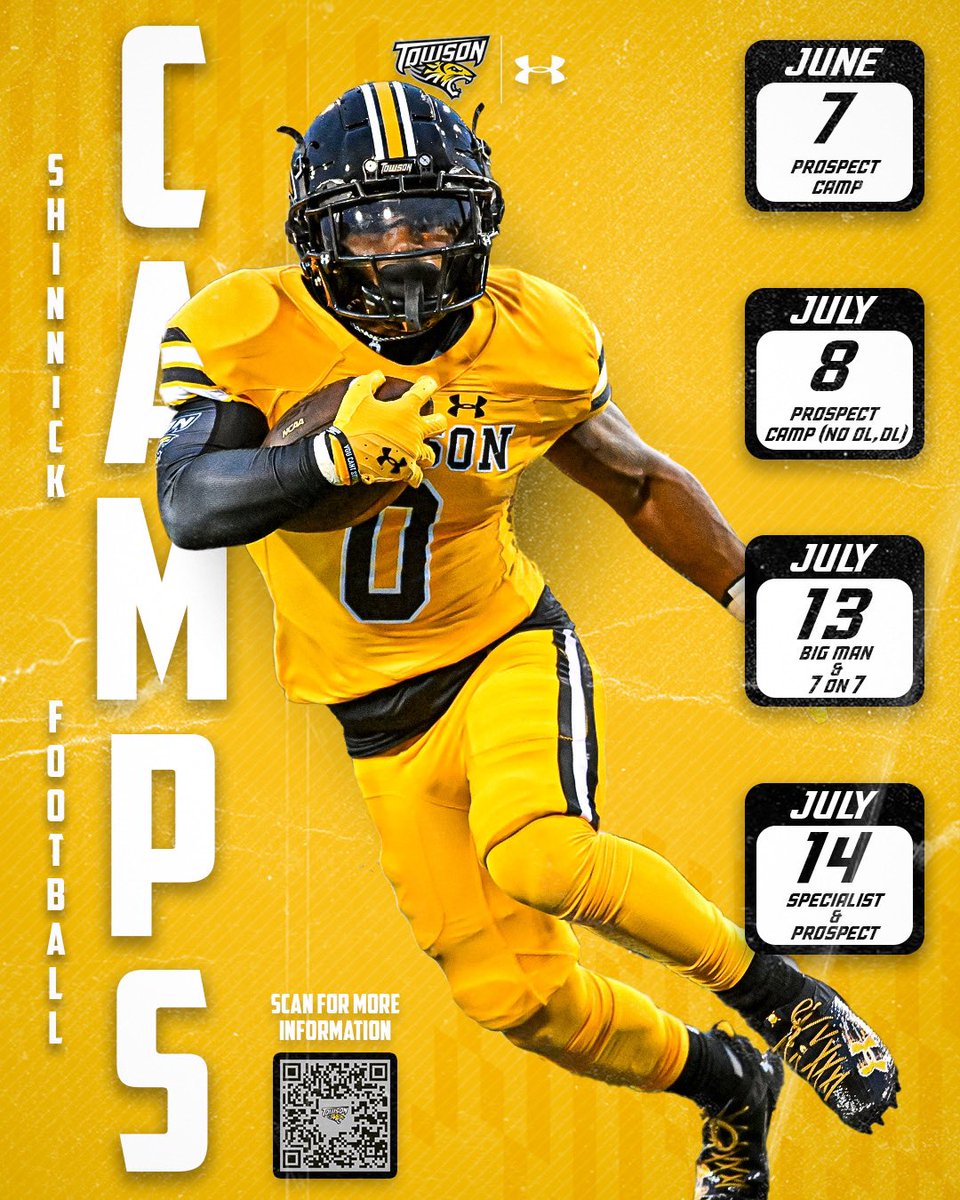 Camp season is right around the corner! Come compete @Towson_FB camps this summer! Click the link or use the QR Code to sign up today! shinnickfootballcamps.totalcamps.com/About%20Us