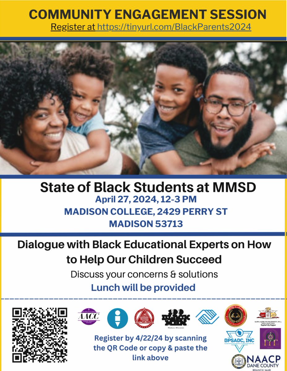 Your voice matters! 🤝🏾 Join the conversation on April 27th as we discuss ways to uplift and advocate for Black students in MMSD. 🙏🏾 RSVP today: tinyurl.com/BlackParents20… #CommunityDialogue #SupportOurYouth