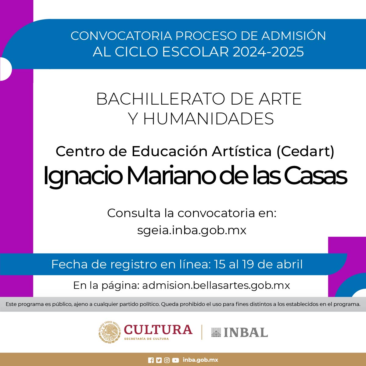 ¡Próximo lunes! Será la sesión informativa sobre el proceso de admisión al Bachillerato de Arte y Humanidades en el Cedart David Alfaro Siqueiros y el Cedart Ignacio Mariano de las Casas. Haz click en admision.bellasartes.gob.mx