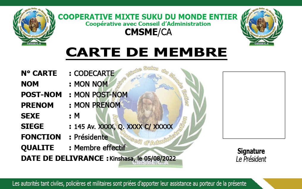 Après avoir choisi le modèle de Lacoste ( Polo Brazzaville 🇨🇬) pour l'assemblée Générale Constitutive, c'est probablement la Carte  qui suit.
Une banque  congolaise(RDC 🇨🇩)des Mutualistes en téléchargement...