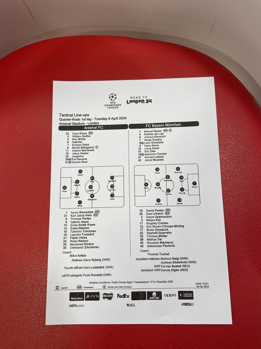 Teamsheets from the Emirates