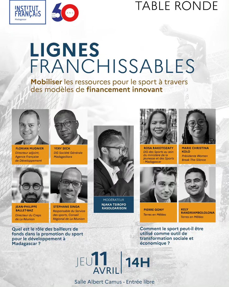 Rejoignez-nous, “Lignes Franchissables” le 11/04, IFM Analakely. Organisé par l'Ambassade de France et Terres en Mêlées. Pierre Gony et Kely Randriambololona partageront leurs visions sur le financement innovant du sport dans l'élan des JOP Paris 2024.