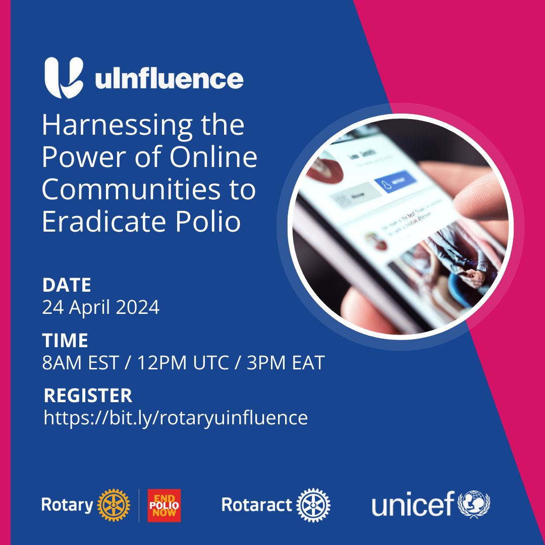 📢 Attention #Rotaract Clubs! We're partnering with @UNICEF to offer a webinar for Rotaractors on 24 April. Join us to learn about how you can use your online voice to promote children's health and help #EndPolio! 🔗: endpol.io/3PYxApV