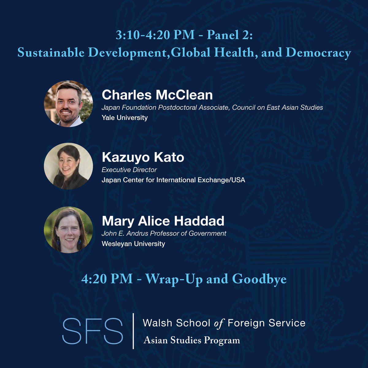 asianstudiesgu's tweet photo. Welcoming Remarks will be delivered by @yuhkitajima &amp; @AdamPLiff  
We are excited to have leading experts to join our panels:
@HarvardUSJapan Director Christina L. Davis 
Mary Alice Haddad of @wesleyan_u 
@Kazuyo_H_Kato
@PhillipLipscy
@cmcclean 
@nszechenyi https://t.co/pOHCU5QsCL
