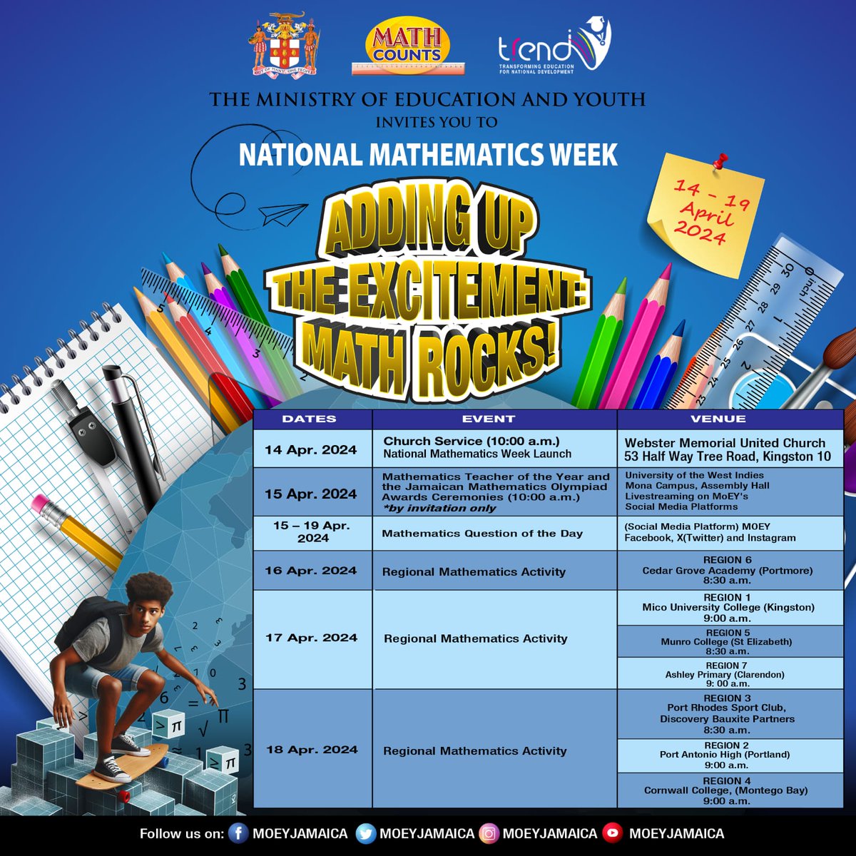 Get ready for a week filled with exciting events as the Ministry of Education and Youth celebrates National Mathematics Week under the theme, 'Adding Up the Excitement: Math Rocks,' from April 14–19. 📚🔢