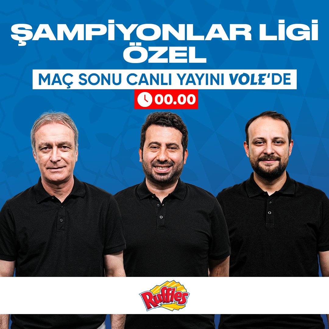 ⚽️ Ruffles'ın sunduğu ŞAMPİYONLAR LİGİ ÖZEL, saat 00.00'de CANLI yayınla VOLE YouTube kanalında! 🆚 Real Madrid-Manchester City 🆚 Arsenal-Bayern Münih 🎙️ Önder Özen & Mustafa Demirtaş & Onur Tuğrul