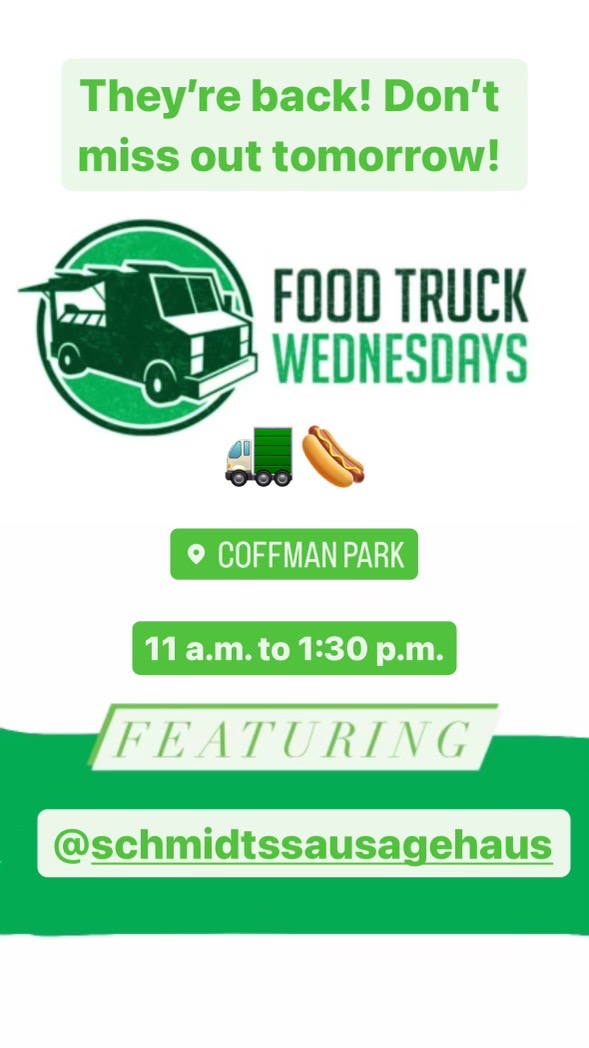 Food Truck Wednesdays are back! Skip the brown bag lunch and head to Coffman Park every Wednesday now through November. This week's truck: Schmidt's Sausage Truck 📍Coffman Park ⏰11 a.m. to 1:30 p.m. Check out the menu and upcoming vendors here ➡️ bit.ly/3KARL9v