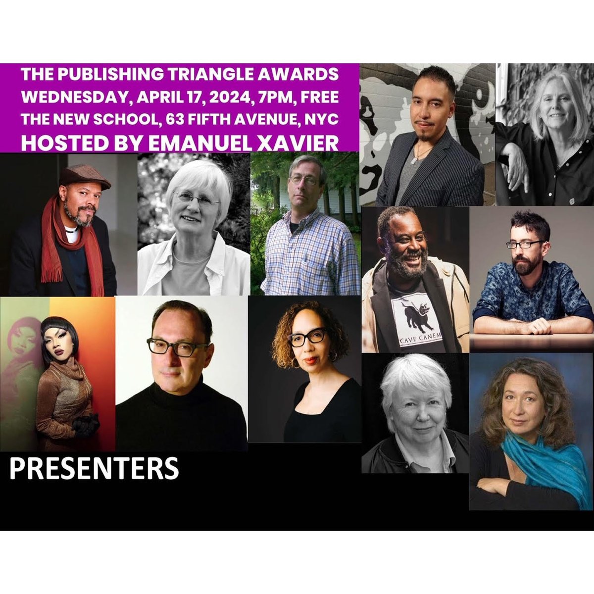 (1/3) Join us- April 17 @ 7pm at The New School (63 Fifth Ave off 13th St, UC Auditorium)! Our 36th annual Publishing Triangle Awards is FREE, hosted by poet & activist Emanuel Xavier. Come early to take pics with our brand new PT banner! 🏳️‍🌈✨ #ptawards2024