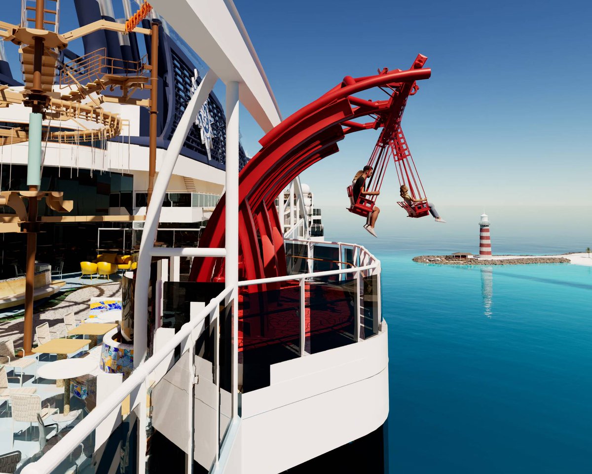Calling all thrill seekers! Meet Cliffhanger, the only over-water swing ride at sea, coming exclusively to #MSCWorldAmerica. Towering 50m above the ocean, the swing will sit above the top deck, in the flagship’s Family Aventura district. Learn more: mscpressarea.com/press-releases…