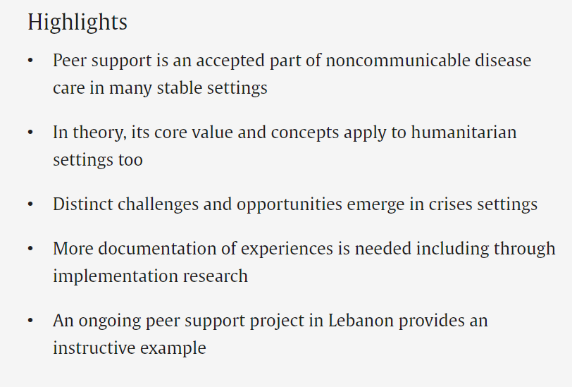 Support from someone who has experienced the same challenges as you can be a powerful and profoundly human experience (I'm not alone in this!).

What do we know about peer support for people living with #NCDs in #humanitarian settings? 

Open-access: sciencedirect.com/science/articl…