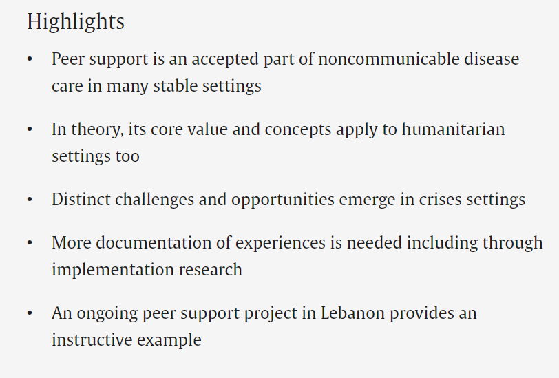 Support from someone who has experienced the same challenges as you can be a powerful and profoundly human experience (I'm not alone in this!). What do we know about peer support for people living with #NCDs in #humanitarian settings? Open-access: sciencedirect.com/science/articl…