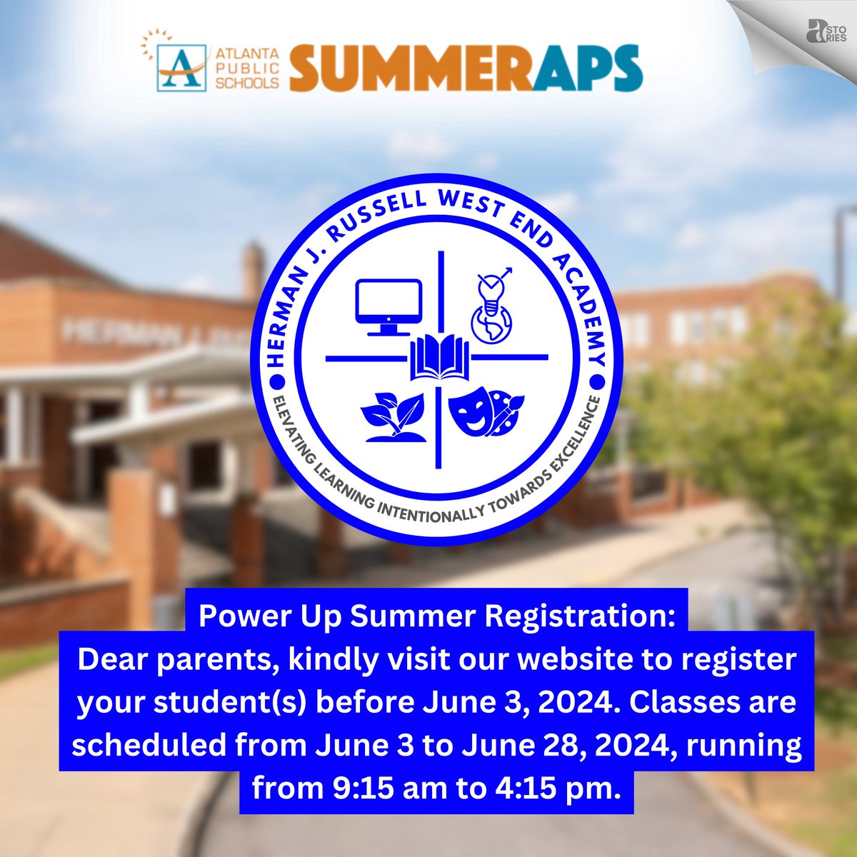 Power Up Summer Registration: Dear parents, kindly visit our website to register your student(s) before June 3, 2024. Classes are scheduled from June 3 to June 28, 2024, running from 9:15 am to 4:15 pm. atlantapublicschools.us/hermanjrussell