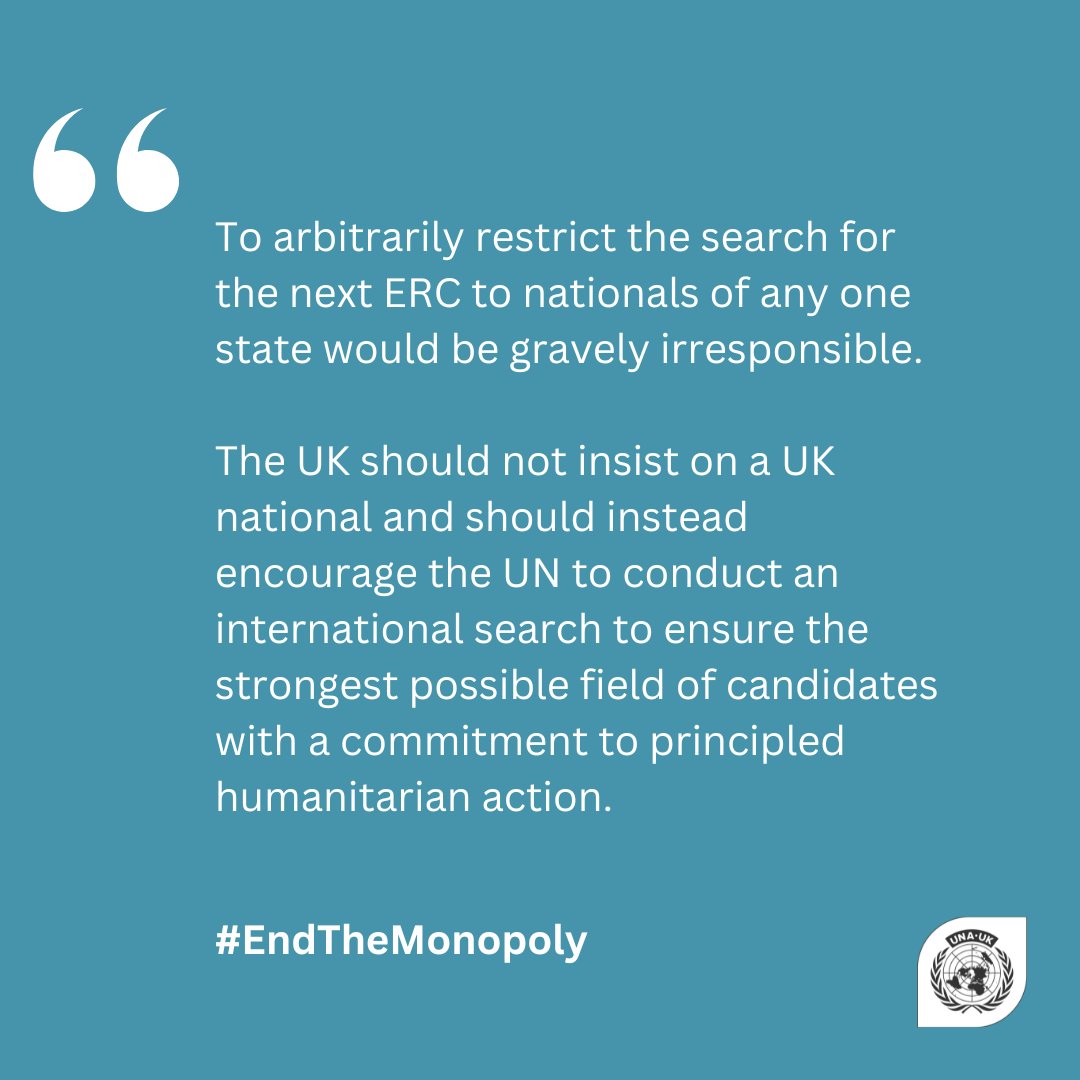 The last five @UNOCHA chiefs have been 🇬🇧 nationals. This is too crucial a job to be left to favouritism. We urge the Secretary-General to champion a transparent, inclusive and merit-based appointment process for the next @UNReliefChief: una.org.uk/news/recruitme… #EndTheMonopoly