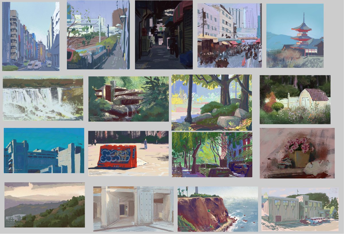 roodleypoodley's tweet photo. Howdy yall👋 #PortfolioDay 

Im Ridell &amp; Im a BG Designer in animation! Last year I got laid off from my studio gig, drove around the US in my car, visited Japan for the first time, painted a bunch, and reconnected w/ what I love about art 😊🤙🚙

🎨https://t.co/Wm625WNNFA https://t.co/ErauyYauf7