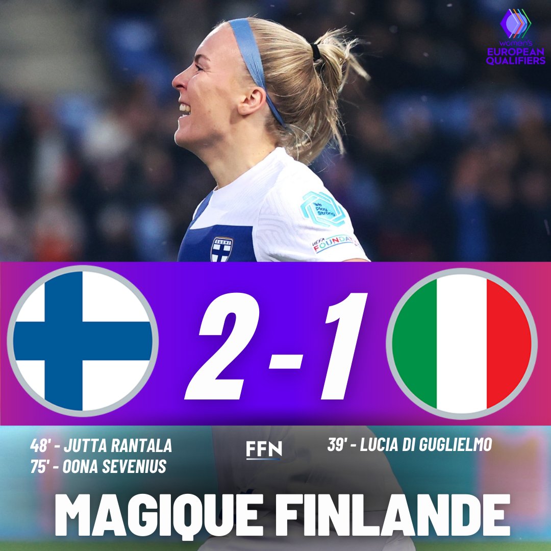 Terminé : 🇫🇮 Finlande 2-1 Italie 🇮🇹 La Finlande peut perdre une fois mais pas deux fois de suite 💪🇫🇮 Superbe remontada et superbe victoire face à l'Italie 👏🇫🇮 📸 @HELMARIT #⃣ #WEURO2025
