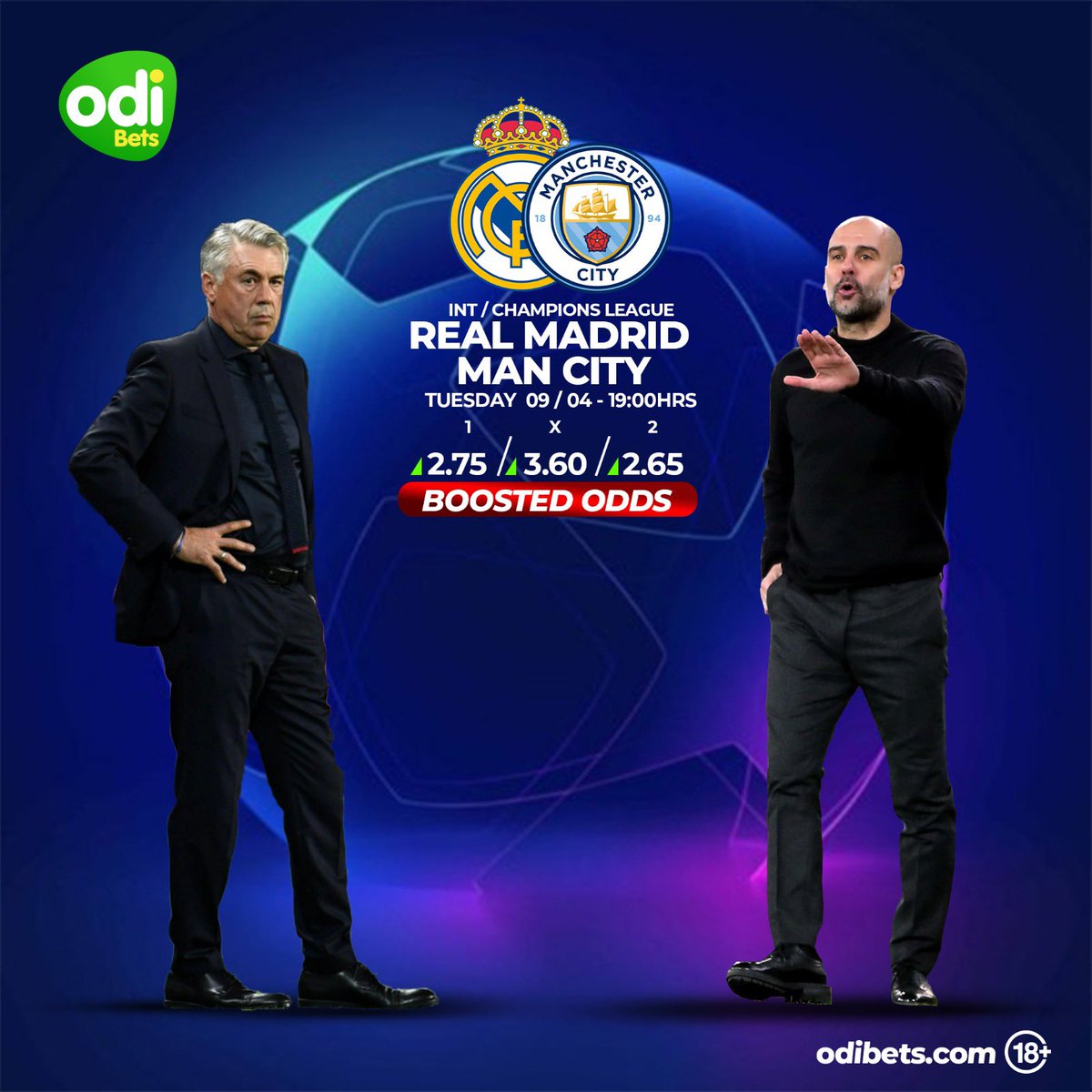 Real Madrid is set to face Manchester City tonight at the Champions league quarter finals 🔥
Who wins? 

We’ve got you covered with our fastest live betting, boosted odds, Cash-back bonuses, fastest payouts and so much more!

 📲 odibets.com.gh 

#BetExtraODinary