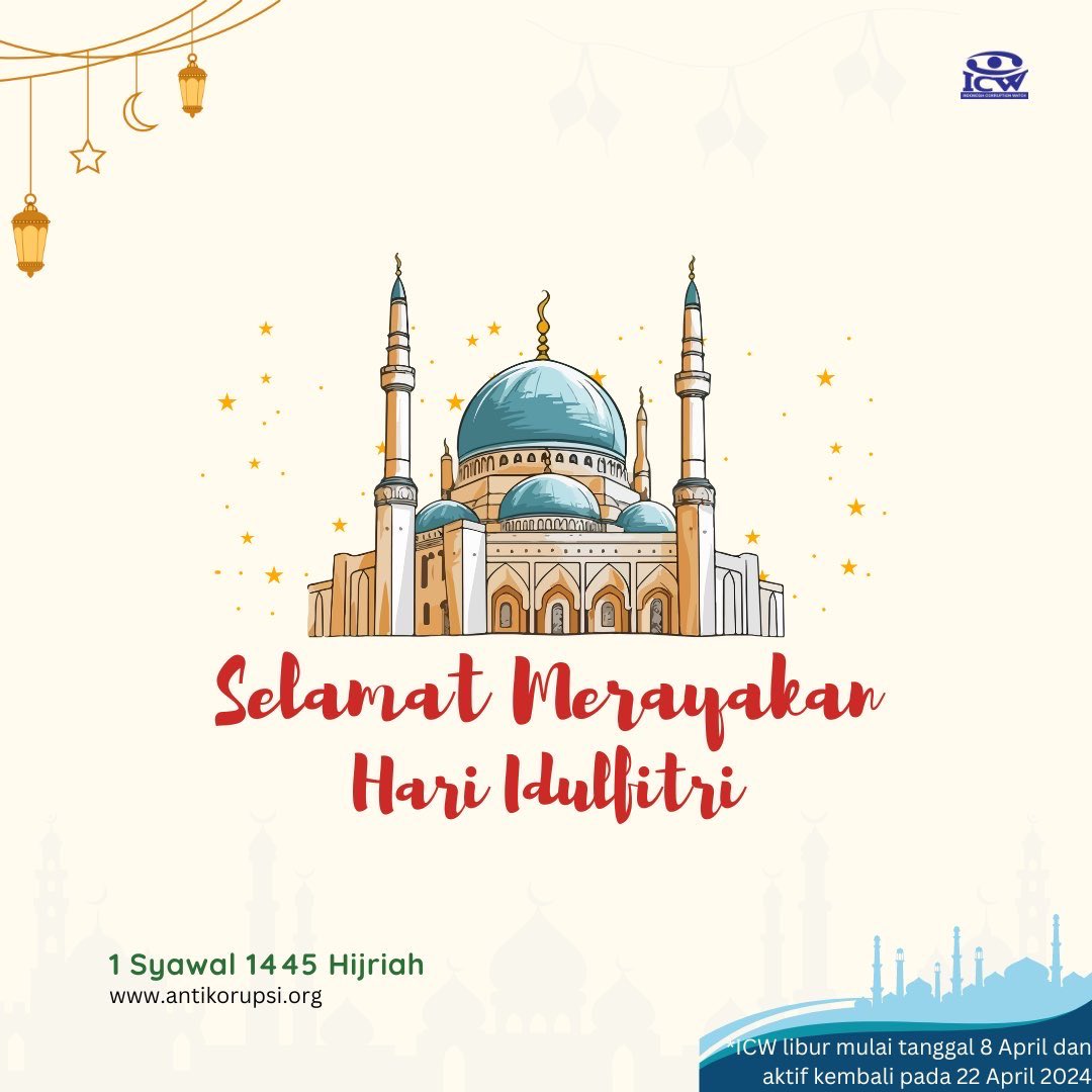 Keluarga Besar ICW Mengucapkan Selamat Idulfitri 1445 Hijriah. Mohon maaf lahir dan batin. Semoga segala amal ibadah kita diterima dan kita semua kembali suci serta semakin kuat dalam upaya antikorupsi. #IedMubarak #IdulFitri1445H