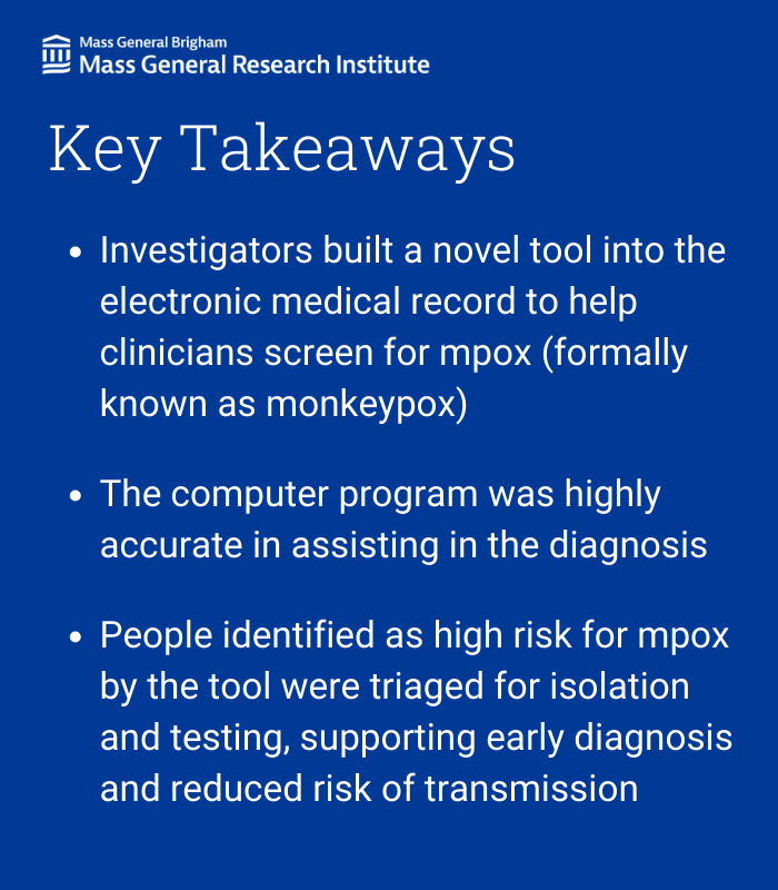 Mass General Brigham Research (@mgbresearchnews) on Twitter photo In a recent <a href="/SHEA_Epi/">SHEA</a> publication, researchers from <a href="/mgh_id/">MGH Division of Infectious Diseases</a> <a href="/MGHMedicine/">MassGeneral Medicine</a> and colleagues found that an electronic medical record tool helps clinicians diagnose #mpox.
Read more: massgeneral.org/news/press-rel…
<a href="/ericashenoy/">Erica S. Shenoy, MD, PhD</a> <a href="/JacobLazarusMD/">Jake Lazarus</a> In a recent <a href="/SHEA_Epi/">SHEA</a> publication, researchers from <a href="/mgh_id/">MGH Division of Infectious Diseases</a> <a href="/MGHMedicine/">MassGeneral Medicine</a> and colleagues found that an electronic medical record tool helps clinicians diagnose #mpox.
Read more: massgeneral.org/news/press-rel…
<a href="/ericashenoy/">Erica S. Shenoy, MD, PhD</a> <a href="/JacobLazarusMD/">Jake Lazarus</a>
