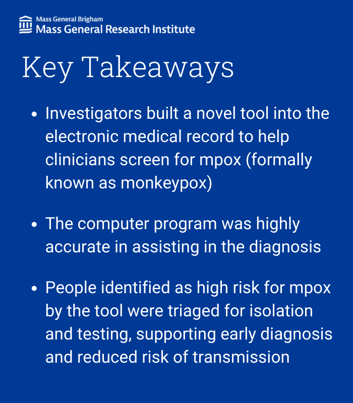 In a recent @SHEA_Epi publication, researchers from @mgh_id @MGHMedicine and colleagues found that an electronic medical record tool helps clinicians diagnose #mpox. Read more: massgeneral.org/news/press-rel… @ericashenoy @JacobLazarusMD