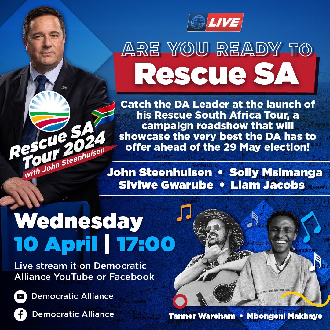 🚀 Join the DA leader John Steenhuisen tomorrow at 17h00 for the launch of the #RescueSAtour, where he will unveil our vision for a better SA alongside captivating performances by Tanner Wareham & Mbongeni Makhaye.

Tune in live on the DA’s YouTube or Facebook pages!

#RescueSA