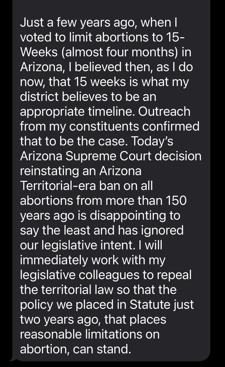 Statement from state Sen. ⁦<a href="/TJShope/">T.J. Shope</a>⁩ a Republican who voted for the 15 week abortion ban in 2022 said he’s disappointed with today’s AZ Supreme Court decision