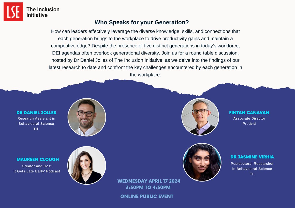 🌟Join us on April 17th, 3:30-4:30pm BST for a captivating roundtable on "Who Speaks for Your Generation?" Don't miss this chance to explore the impact of generational diversity on workplace productivity! 💼Register now: lse.zoom.us/webinar/regist… #event <a href="/Protiviti/">Protiviti</a> <a href="/ProtivitiUK/">Protiviti UK</a>