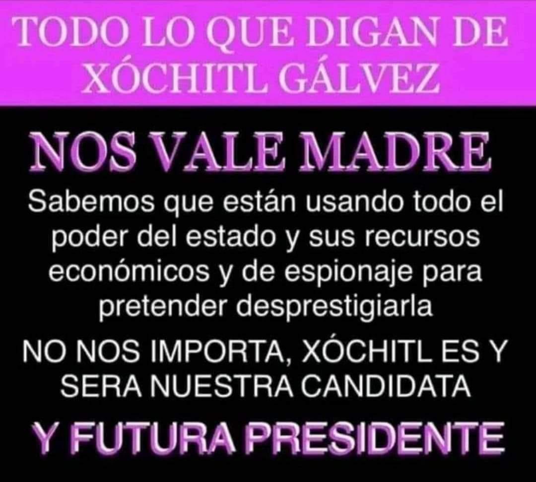 @ryo_hermoso @ruleslogi @CarlosLoret @BegoGM6 @ferbelaunzaran @Fifirulais3030 @OscarAthie @acastagne @13_iracheta @acostanaranjo @Garcimonero @Eddy_Talks @edelamadrid #YoConXochitl hasta el final.

#XochitlGalvezPresidenta24