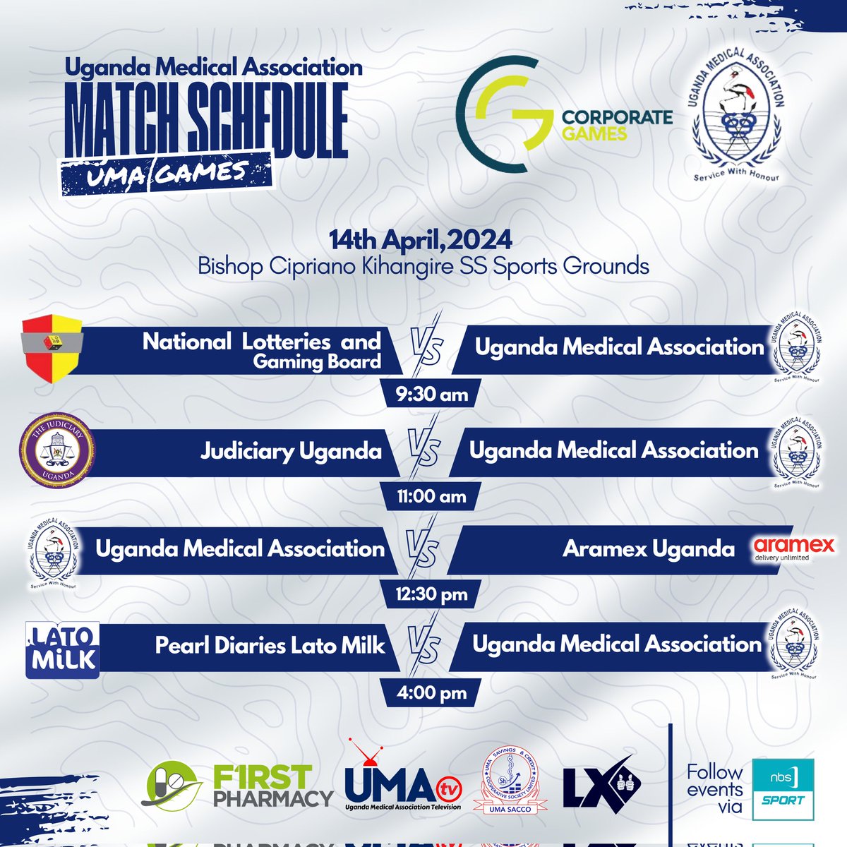Here are our Football Fixtures for the upcoming 2nd outing of the @CorporateGamesU at Dove Stadium See you there #CorporateGamesUg @FirstPharmacy_