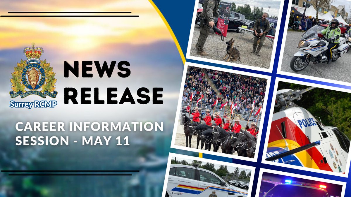 Interested in becoming a Mountie? Join us for a unique career information session on May 11 at Surrey Detachment. Learn about working in the RCMP, interact with officers, and start your application process on site. Pre-registration is required. Learn more: ow.ly/V8Pw50RbH4t